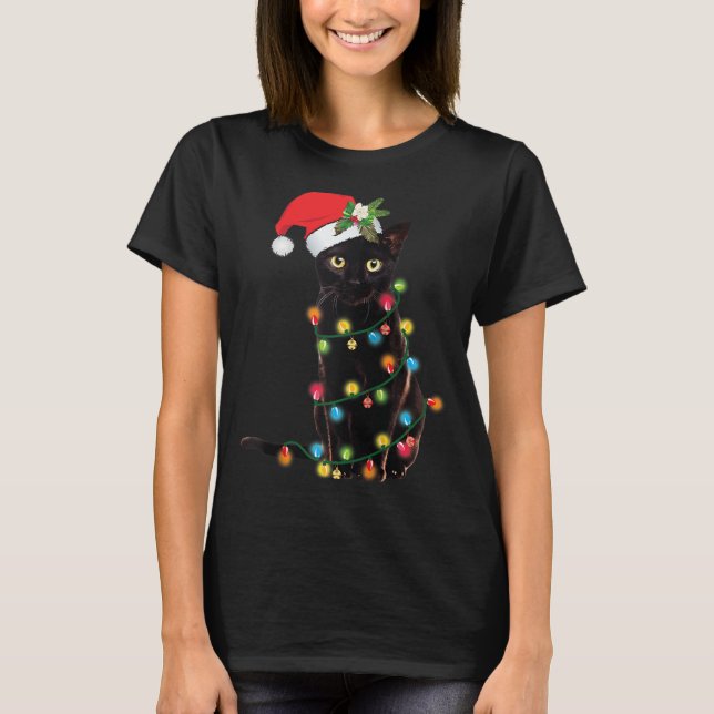 Santa Black Cat Tangled Up In Christmas Tree Light T-Shirt (Front)