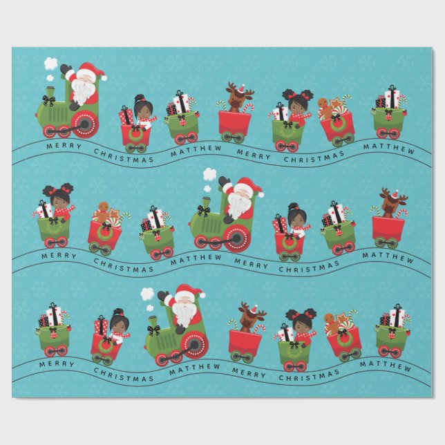 Santa & Black Girl on Train Wrapping Paper (Flat)