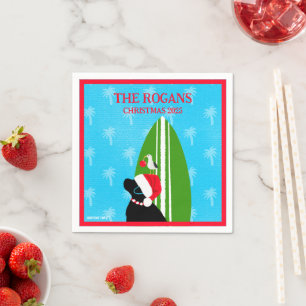 Santa Black Lab Surfboard Dog Seagull Christmas Napkin