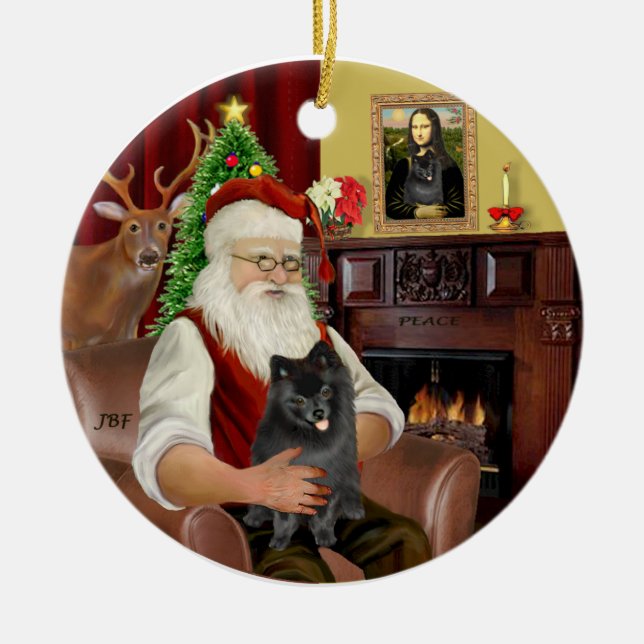 Santa-Black Pomeranian Ceramic Tree Decoration (Front)
