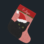 Santa Black Short Hair Cat Green Eyes Personalised Large Christmas Stocking<br><div class="desc">Create a personalised stocking for your fur baby. This design consists of a short hair black cat with green eyes wearing a Santa hat in Christmas colours. Customise the background or text to suit your needs.  Original design by Night Owl's Menagerie,  2017.</div>