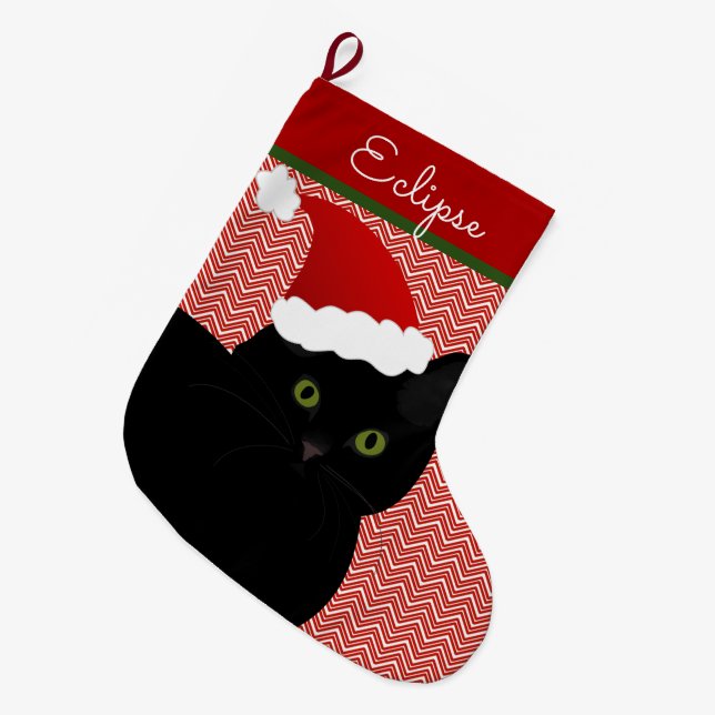 Santa Black Short Hair Cat Green Eyes Personalised Large Christmas Stocking (Front (Hanging))