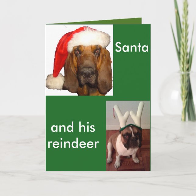 Santa Bloodhound and Reindeer French Bulldog Holiday Card (Front)