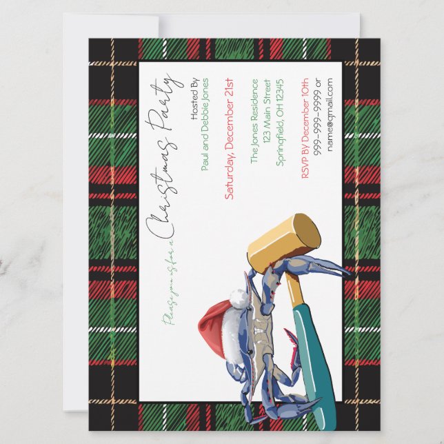 Santa Blue Crab with Mallet Christmas Party Custom Invitation (Front)