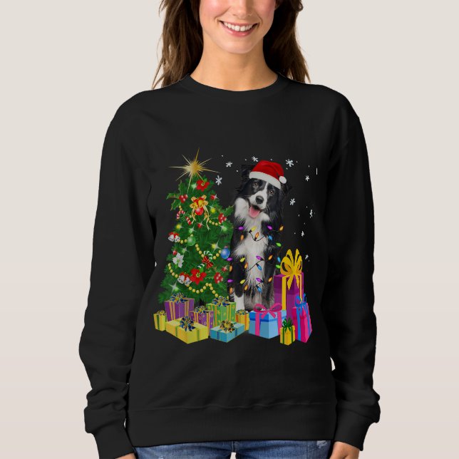 Santa Border Collie Dog Christmas Tree Light Funny Sweatshirt (Front)