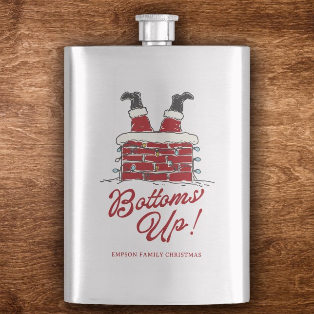 Santa Bottoms Up Funny Christmas Holiday Party Hip Flask (Stainless steel flask with a Santa chimney motif, light string detail, and bold “Bottoms Up!” script)