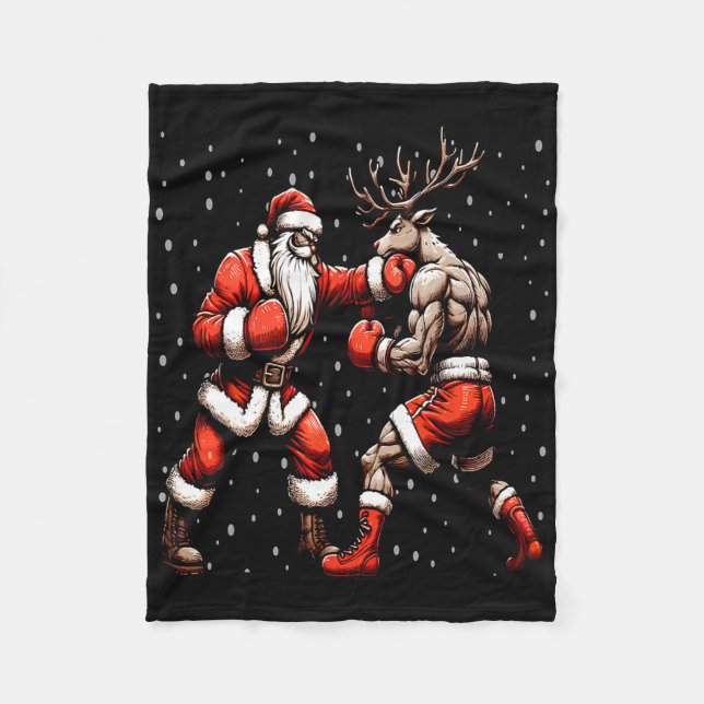 Santa Boxing Reindeer Christmas Sweater  Fleece Blanket (Front)