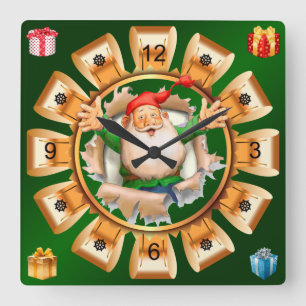 Santa Breaking Through ~ Merry Christmas ~ Square Wall Clock