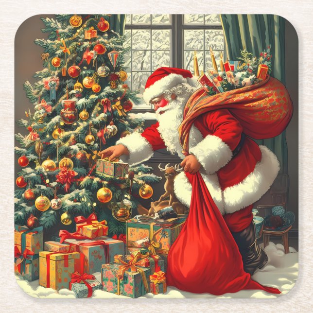 Santa brings joy to the children square paper coaster (Front)