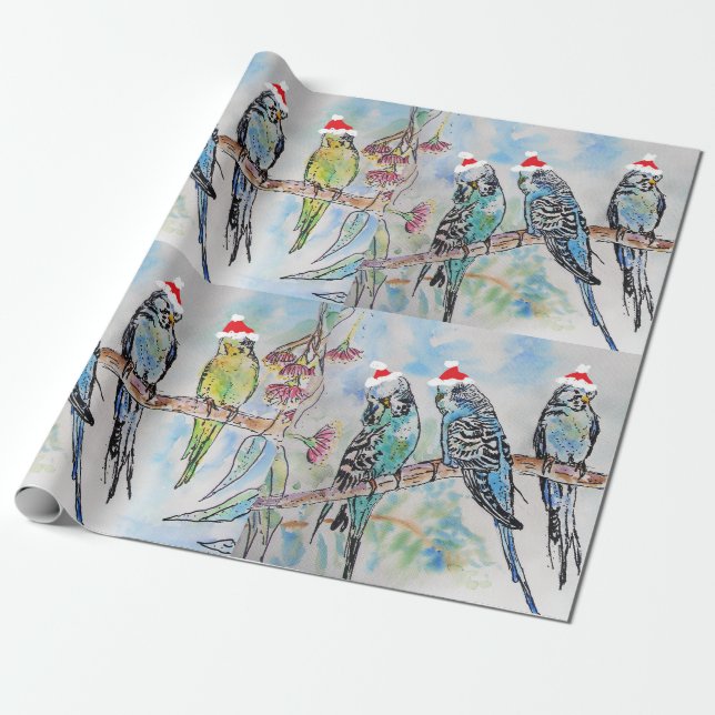 Santa Budgie Budgies Floral Pattern Wrapping Paper (Unrolled)
