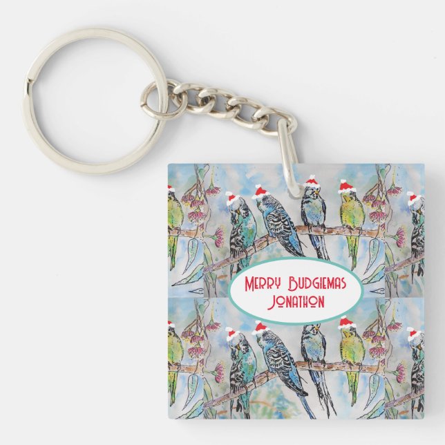 Santa Budgie Christmas Watercolor Painting Bird Key Ring (Front)