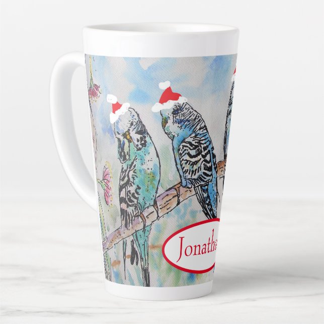 Santa Budgie Christmas Watercolor Painting Bird Latte Mug (Left Angle)