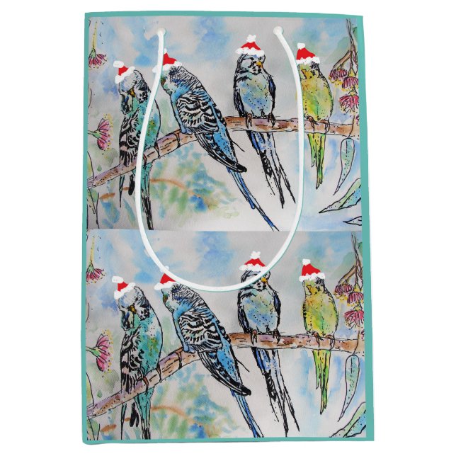 Santa Budgie Christmas Watercolor Painting Bird Medium Gift Bag (Front)