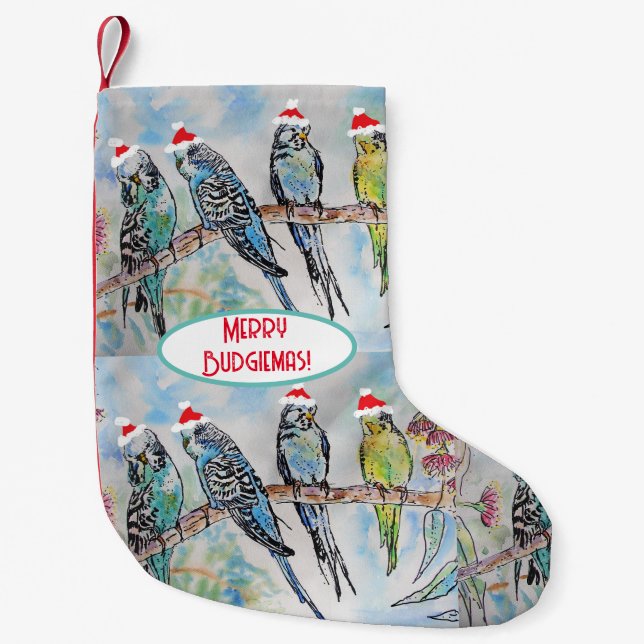 Santa Budgie Christmas Watercolor Painting Bird Small Christmas Stocking (Front)