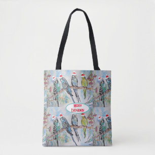 Santa Budgie Christmas Watercolor Painting Bird Tote Bag