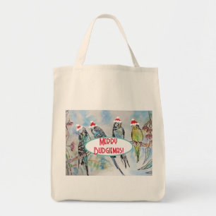Santa Budgie Christmas Watercolor Painting Bird Tote Bag