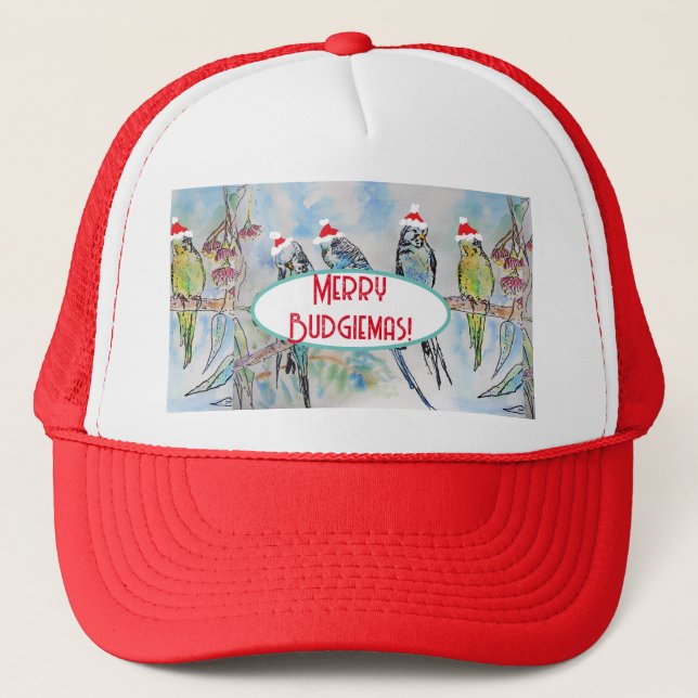 Santa Budgie Christmas Watercolor Painting Bird Trucker Hat (Front)
