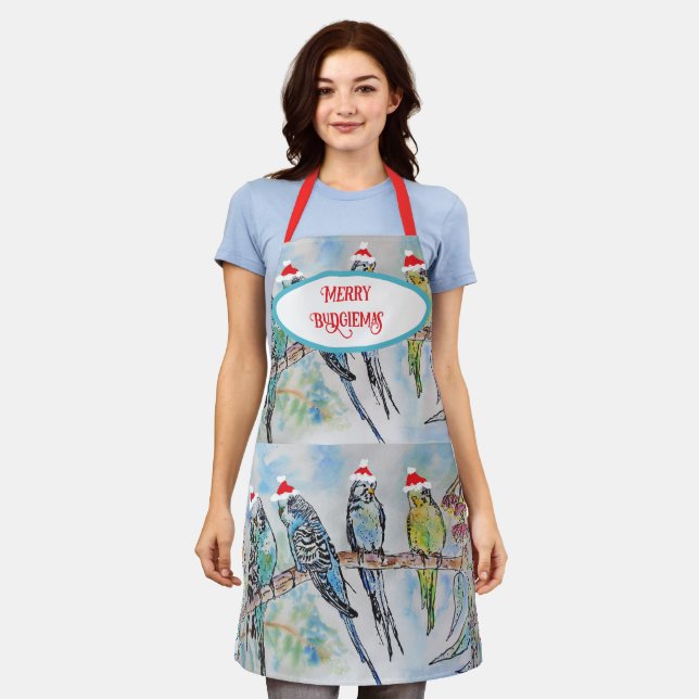 Santa Budgies Budgie bird Christmas Apron (Worn)