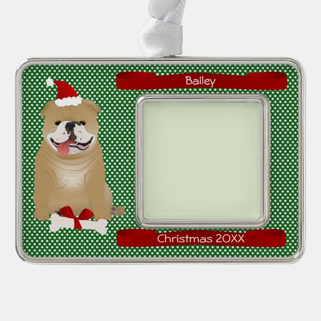 Santa Bulldog Personalised Keepsake Silver Plated Framed Ornament (Front)