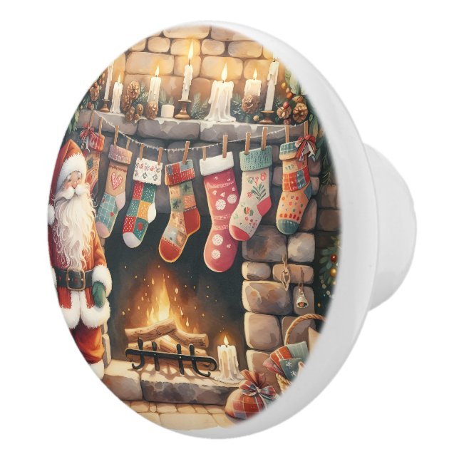 Santa by Fireplace Christmas Stockings Ceramic Knob (Right)