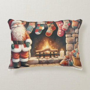 Santa by Fireplace Christmas Stockings Decorative Cushion