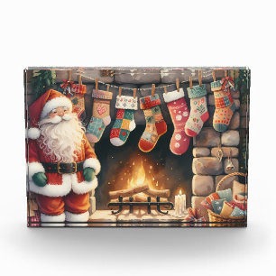 Santa by Fireplace Christmas Stockings Photo Block