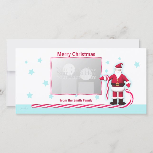 Santa, Candy Cane and Stars Christmas Holiday Card (Front)