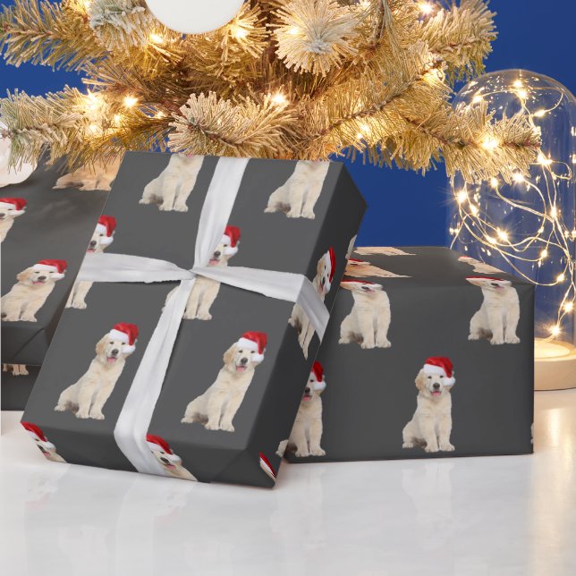 Santa Cap on Golden Retriever Puppy Wrapping Paper (Holidays)