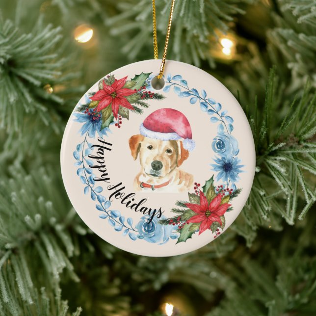 Santa Cap Yellow Lab Customisable Holiday Ceramic Tree Decoration (Tree)