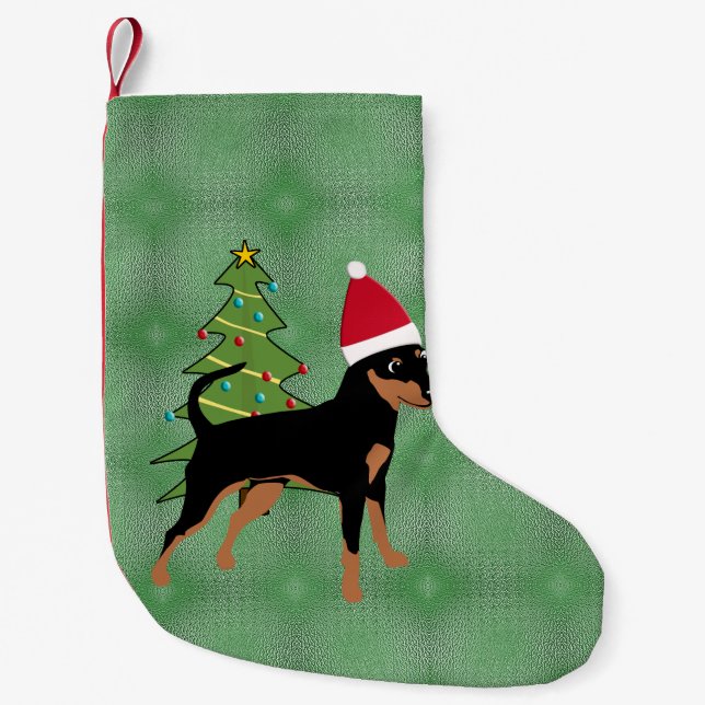 Santa Cartoon Black and Tan Miniature Pinscher Small Christmas Stocking (Front)
