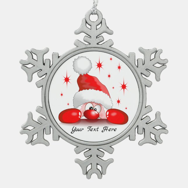 Santa Cartoon Cute Peeking Character © BluedarkArt Snowflake Pewter Christmas Ornament (Front)