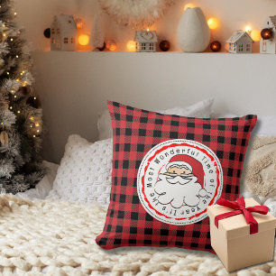 Santa Cartoon Red Black Buffalo Plaid Christmas Cushion