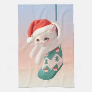 Santa Cat: Bao Bao in Christmas Stocking Art Tea Towel