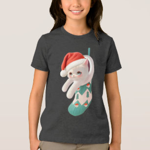 Santa Cat: Bao Bao in Christmas Stocking Art Tri-Blend Shirt