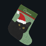 Santa Cat Black With Yellow Eyes Personalised Large Christmas Stocking<br><div class="desc">Create a personalised stocking for your fur baby. This design consists of a short hair black cat with yellow eyes wearing a cute Santa hat in Christmas colours. Customise the background and text style to your needs.  Original design by Night Owl's Menagerie,  2017.</div>