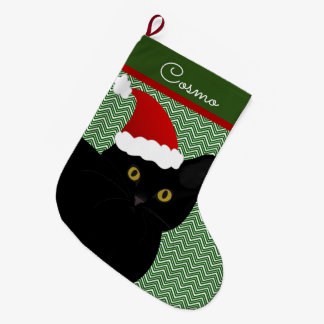 Santa Cat Black With Yellow Eyes Personalised Large Christmas Stocking