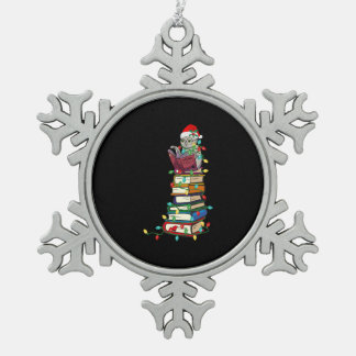 Santa Cat books christmas light tshirt funny Books Snowflake Pewter Christmas Ornament