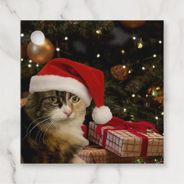 Santa Cat by the Christmas Tree Gift Tag (Front)