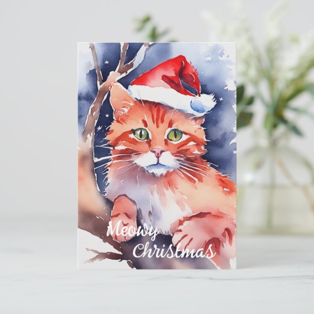 Santa Cat Christmas Card - "Meowy Holidays"  (Standing Front)