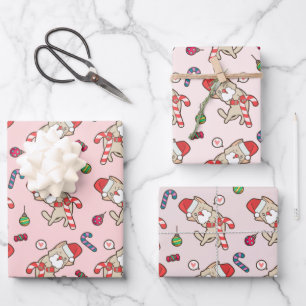 Santa Cat Christmas Pink Pattern Wrapping Paper Sheet