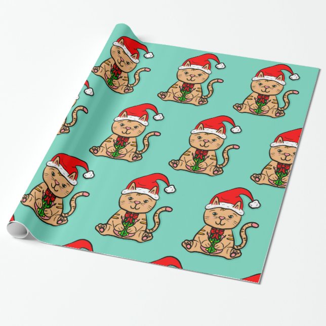 Santa Cat Christmas Wrapping Paper (Unrolled)