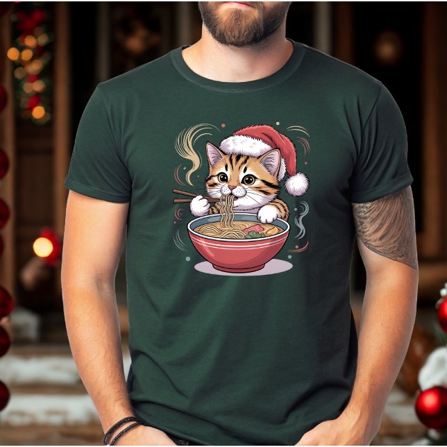 Santa Cat Eating Ramen Cute Christmas Kitty T-Shirt (Creator Uploaded)