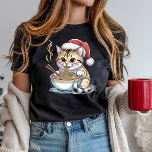 Santa Cat Eating Ramen Cute Christmas Kitty T-Shirt
