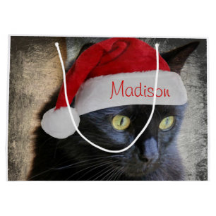 Santa Cat Gift Bag, Customise w/ Name on Cap Large Gift Bag