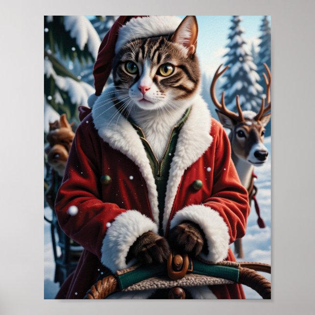 Santa Cat Leading the Christmas Sleigh Poster (Front)