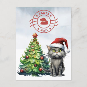 Santa Cat Mail with Christmas Tree Holiday Postcard