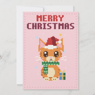 Santa Cat Pink Pixel Art Christmas Card