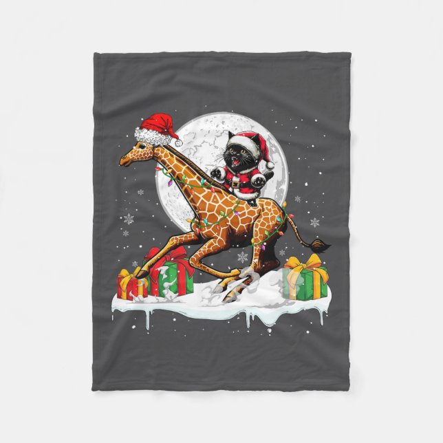 Santa Cat Riding Giraffe Christmas Owner Kids Fami Fleece Blanket (Front)