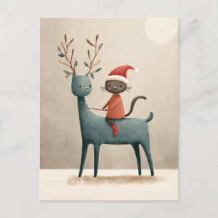 Santa Cat Riding Reindeer  Watercolor Christmas Postcard