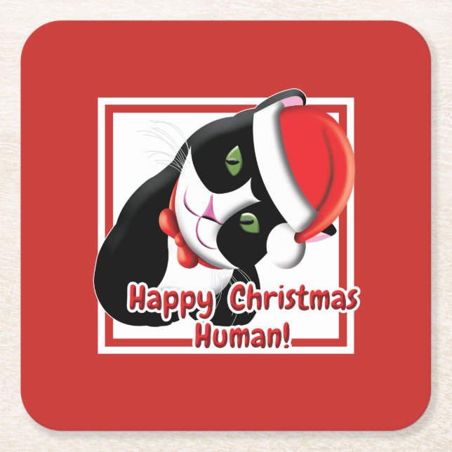 Santa Cat Square Paper Coaster (Front)